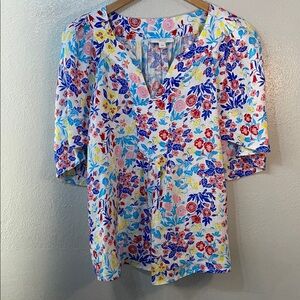 Coastal 100% Linen Floral Blouse Split Neck Short Sleeve Large Charter Club Luxe